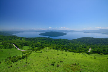 View of Lake Kussharo from Bihoro Pass in summer, Hokkaido, Japan /...