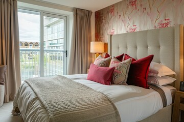 Interior design decor furnishing of luxury show home bedroom showing furniture and double bed with balcony door