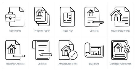 A set of 10 Real Estate icons as document, property paper, floor plan