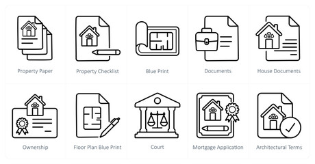 A set of 10 Real Estate icons as property paper, property checklist, blue print