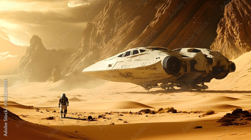 Wall mural a 2d desert scene with a 3d rendered spaceship landing creating dimensional contrast