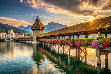 Fototapeta premium Aerial View of Chapel Bridge in Lucerne, Switzerland - Scenic Drone Photography