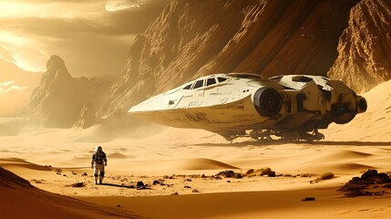 A 2D desert scene with a 3D rendered spaceship landing creating dimensional contrast