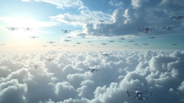 A 2D sky filled with 3D drones flying between clouds creating seamless transitions