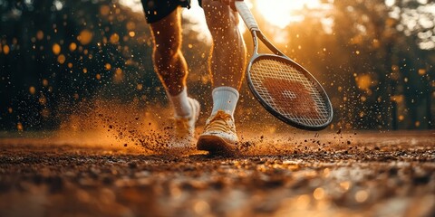 Dynamic shot of a tennis player sprinting on a clay court, with sunlight and flying dust creating an energetic, intense atmosphere.