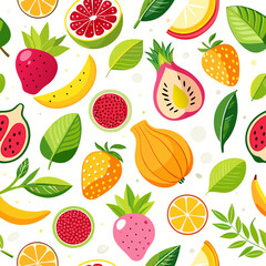 A vibrant and cheerful seamless pattern featuring a variety of fresh fruits, including strawberries, bananas, watermelon, dragon fruit, and citrus.