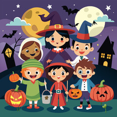 Adorable illustration of kids dressed in cute Halloween costumes. They're surrounded by pumpkins, bats, and a moonlit sky, perfect for creating festive and spooky designs.