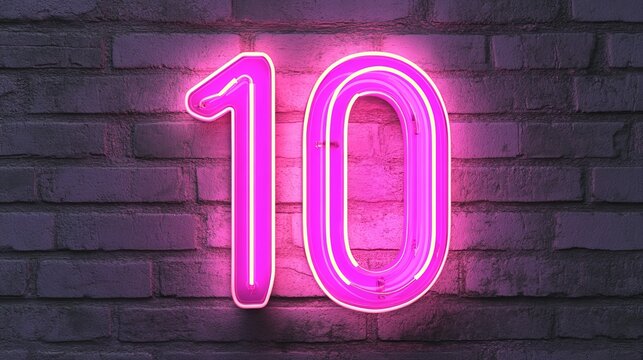 Pink Neon Number 10 On A Brick Wall Background. Realistic 3D Illustration, Glowing Number Ten Sign.