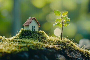 Close-up of a small house model with a green tree growing on moss in a spring forest, an energy-saving concept background. Sustainable development and environmental protection ideas