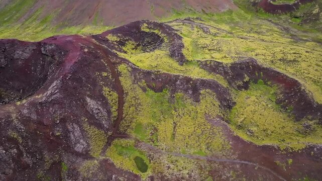 Aerial view of the majestic Eldborg volcano crater surrounded by scenic landscapes, Reykjanes, Iceland.