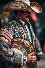 Fototapeta premium A man in a traditional Mexican charro suit, holding a sombrero