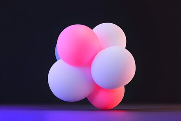A 3D cluster of abstract objects resembling colorful molecules, glowing softly in a dark space
