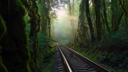 An empty railway track overgrown with moss and vines, running through a misty, dense forest at dawn, with birds chirping in the distance.
 - Powered by Adobe