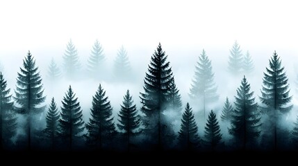 Obraz premium A misty watercolor forest scene with tall pine trees fading into soft blue and green hues, evoking a tranquil atmosphere