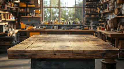 Rustic Wooden Tabletop with Blurred Workshop Background for Product Display