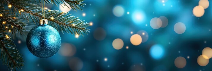 Fototapeta premium Blue Christmas Ornament on Tree Branch with Lights