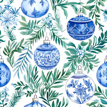 A seamless pattern of chinoiserie-inspired Christmas ornaments