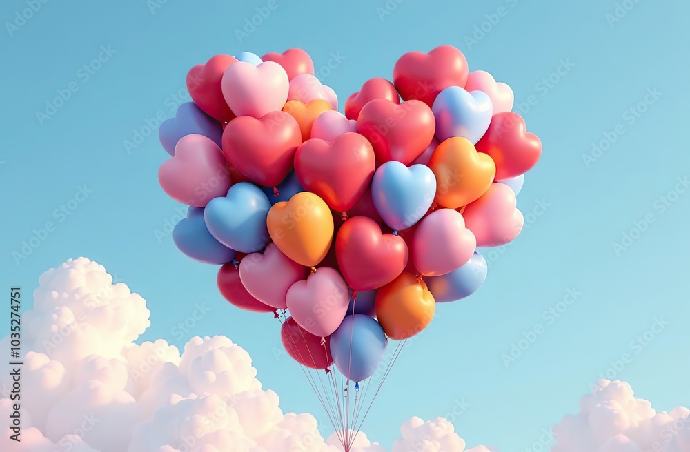 Wall mural 3d rendered heart made of colorful balloons floating against a clear sky