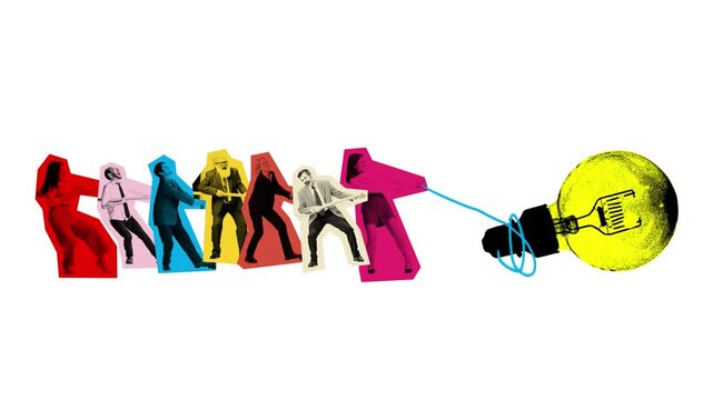 Stop motion. Animation. Business people tugging rope connected to large yellow light bulb, symbolizing collective effort towards innovation. Concept of business development and collaboration