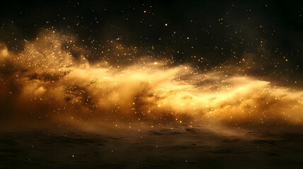 Fototapeta premium Golden Dust Explosion in Dark Background: A Mesmerizing Visual of Particles and Light