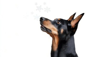 A majestic Doberman looking up in wonder as snowflakes gently fall around it, capturing a serene winter moment.