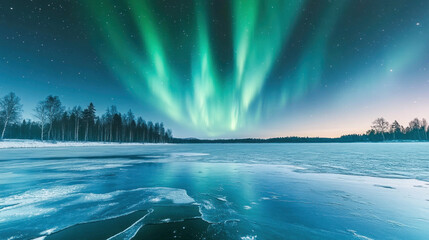 Naklejka premium Aurora borealis illuminating frozen lake at twilight