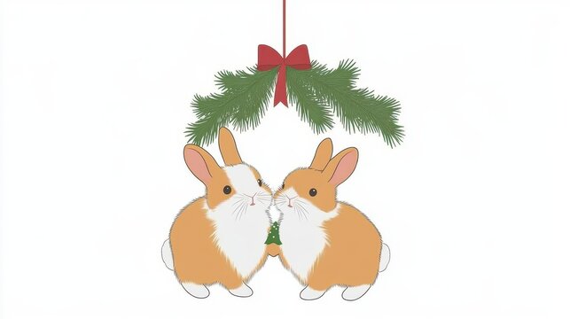 Two cute rabbits share a festive moment under a mistletoe, perfect for holiday decor and seasonal illustrations.