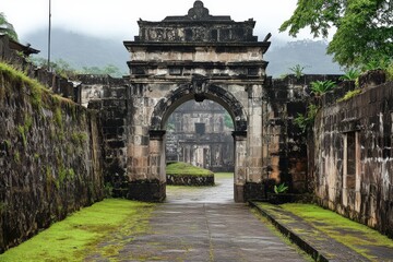 Obraz premium Spanish Fort. Ancient Architecture of Stone Castle Walls with Medieval Arches and Doors