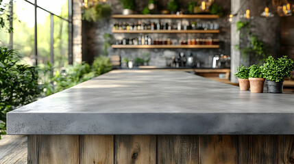 Concrete Countertop with Wooden Base and Green Plants in Background