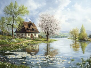 Fototapeta premium Spring Flood. Water Overflowing Gardens in Nature's Spring Landscape