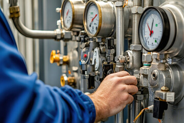Technician adjusting pressure gauge using tool in industrial setting