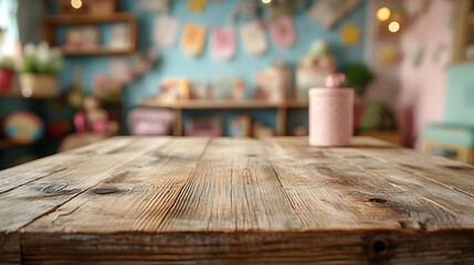Rustic Wooden Tabletop with Blurry Background of Colorful Decor
