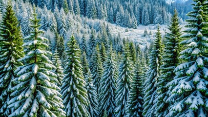 Fototapeta premium Aerial View of Snow-Covered Coniferous Forest in Winter Wonderland - High Quality 4k Vertical Format