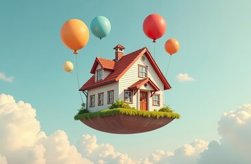 House flying with balloons, floating in the sky, cute and funny surrealism image