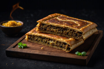 Cut martabak served on a wooden tray with a black background