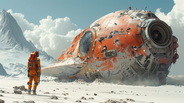 Crashed Spaceship in a Frozen Desert: A Futuristic Landscape