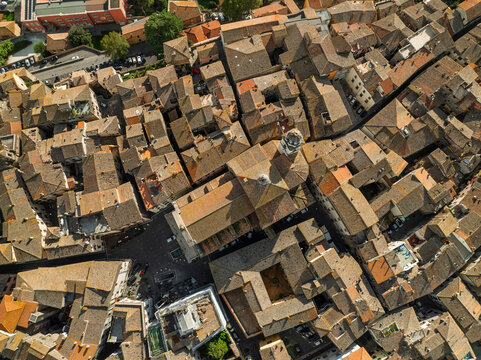 Aerial view of beautiful medieval old town with historic stone buildings and rooftops, Orte, Lazio, Italy.