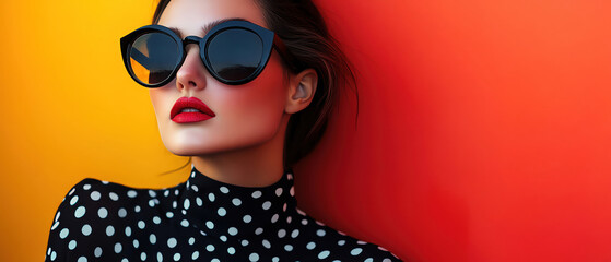 Stylish woman in black sunglasses, bold polkadot dress, bright orange and red split background