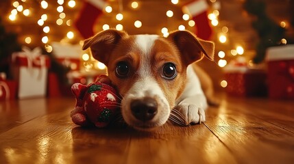 Cute Dog with Toy Near Christmas Tree and Gifts