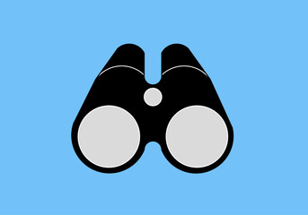 gray binoculars silhouette with distinct lens details, placed on a bright blue background. This icon represents observation and exploration, evoking a sense of adventure and discovery.