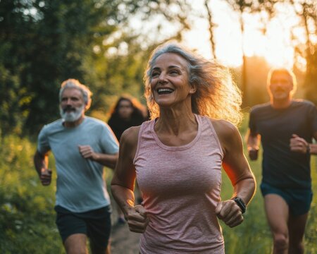 A diverse group of runners, including seniors, enjoying a group running session together