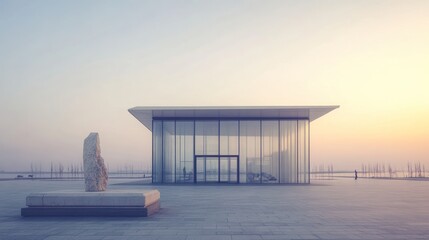 Fototapeta premium Modern Glass Pavilion with Stone Sculpture and Sunset Sky