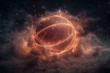 Fiery basketball encapsulated in cosmic particles, capturing the dynamic energy and motion of the sport in a mystical space setting.