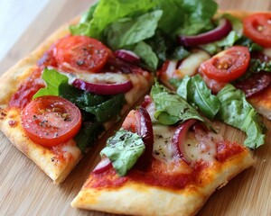 A creative pizza topped with fresh salad ingredients, offering a unique and refreshing taste experience