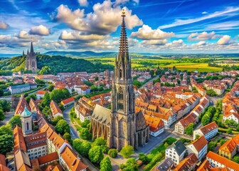 Aerial View of Ulm Minster: The Tallest Lutheran Church in the World Captured in Oil Painting Style