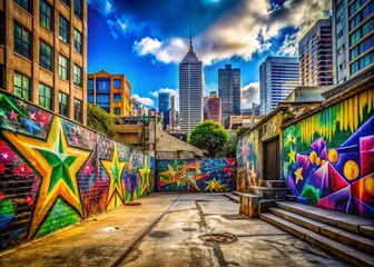 Naklejka premium Aerial View of Urban Graffiti: STAR SYNDROM Tag Style Art in Vibrant Colors