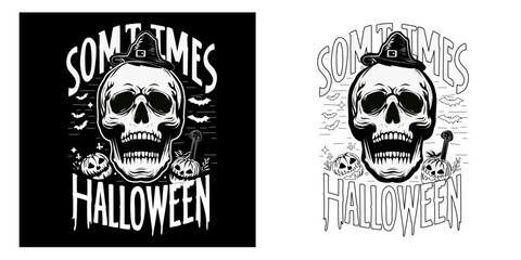 Fototapeta premium Laughing Skull with Bats and Halloween Pumpkins