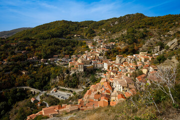 The picturesque village of Castelmezzano on the scenic rocks of the of the Apennines Dolomiti Lucane, Basilicata, Italy
