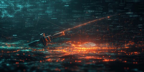 Futuristic digital landscape with glowing orange and blue data streams, representing technology and innovation in a networked world.