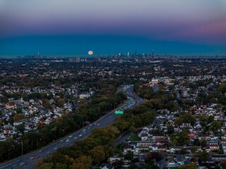 Aerial view of Long Island suburb at sunrise
